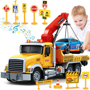 Kids Toys for 3 4 5 6 7 Years Old Boys, 15" Large Tow Truck Toy, Friction Powered Transport Truck Crane Vehicle Toy with Lights and Sounds, Racing Car, Traffic Signs, Birthday Gifts for Boys Girls