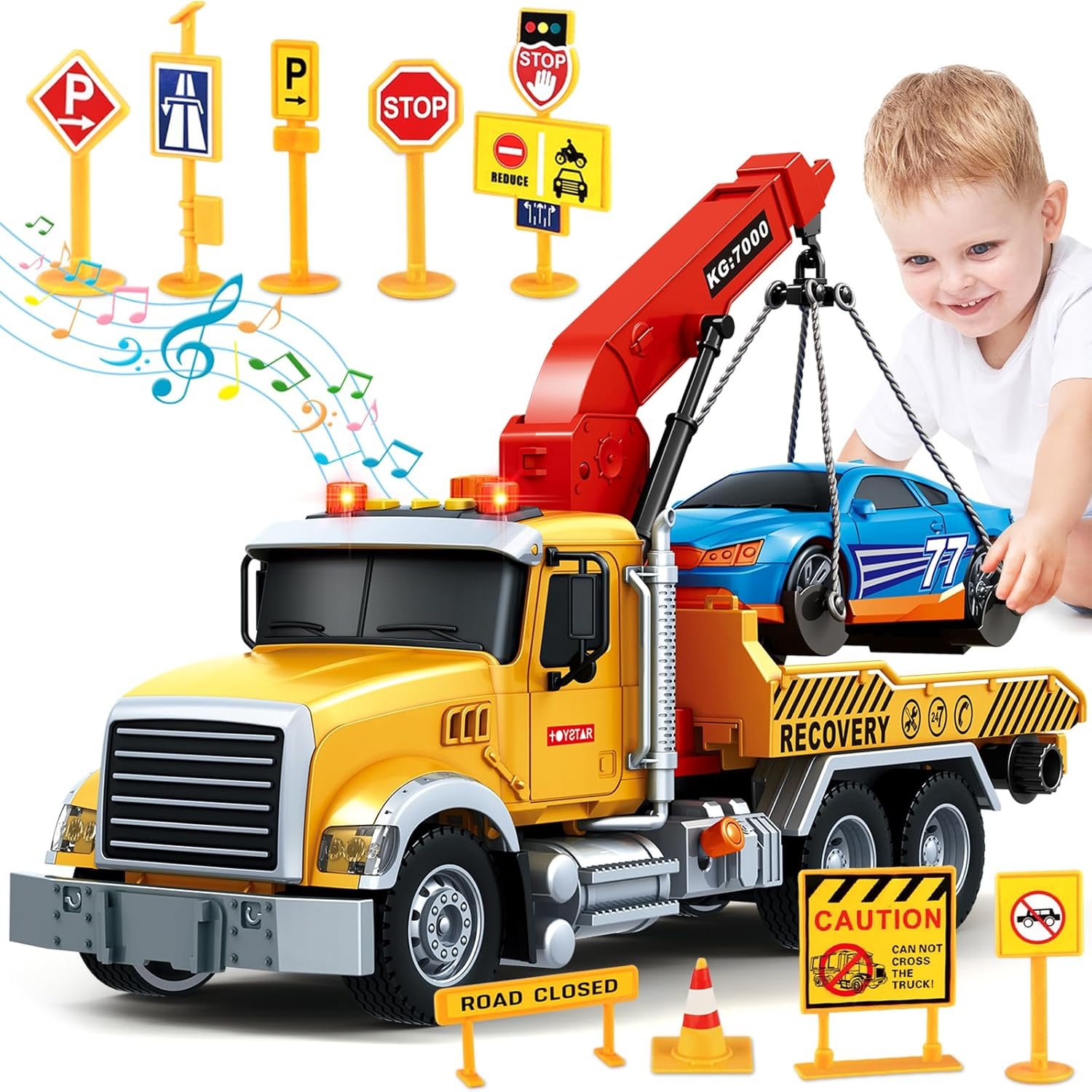 Kids Toys for 3 4 5 6 7 Years Old Boys, 15" Large Tow Truck Toy, Friction Powered Transport Truck Crane Vehicle Toy with Lights and Sounds, Racing Car, Traffic Signs, Birthday Gifts for Boys Girls