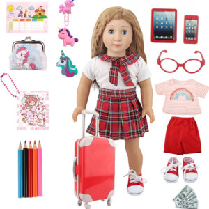 Doll School Supplies Set for 18-Inch Girl Dolls, 18" American Doll School Stuff Accessories, Includes Doll Luggage, Plaid Uniform, Digital Kit, Pencil Eraser Purse, Gift for Preschool Kids