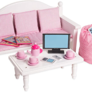 Playtime by Eimmie 18 Inch Doll Furniture - Doll Couch & Coffee Table with Living Room Accessories - Fits American, Generation, My Life & Similar 14"-18" Girl Dolls - White Wood Playset