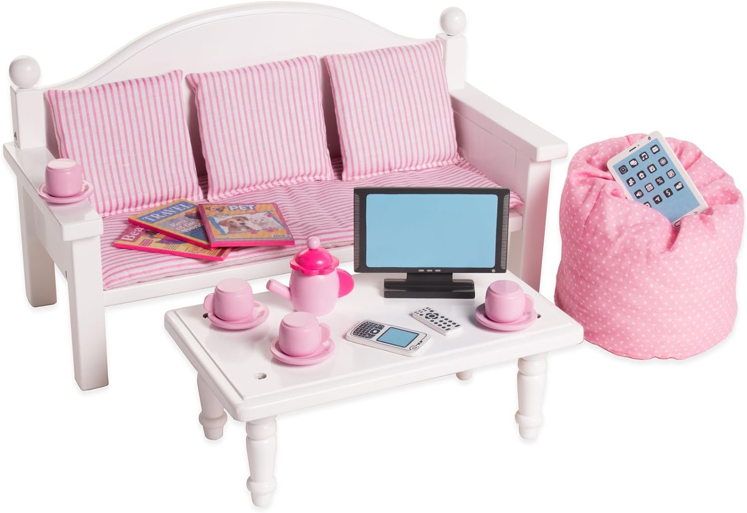 Playtime by Eimmie 18 Inch Doll Furniture - Doll Couch & Coffee Table with Living Room Accessories - Fits American, Generation, My Life & Similar 14"-18" Girl Dolls - White Wood Playset