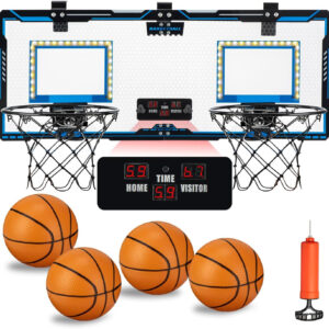 Indoor Double Shot Basketball Hoop - Over The Door with LED Light, Electronic Scoreboard, 4 Balls - Wall Mount Toy Mini Hoop for Bedroom for Kids