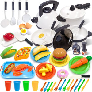 Kids Kitchen Toy Cookware with Play Food Toy Set,Kitchen Play Accessories with Pots and Pans,Cutting Food Toy Utensils,Play Dishes Learning Toys Gift for Toddlers Boys Girls(72 PCS)