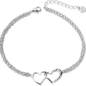 DAOCHONG S925 Sterling Silver I Love U Forever Love Heart Double Chain Bracelets,7+2 inches