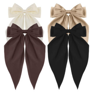 Silky Satin Hair Accessories - 4Pcs Large Oversized Ribbons, Long Tail Bowknot Barrettes with Metal Clips for Women and Girls in Beige, Black, Brown, Khaki
