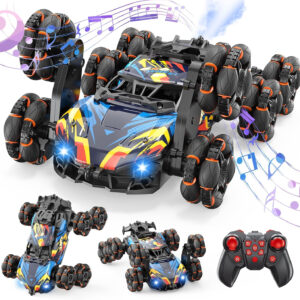 Scientoy Remote Control Car, 2.4Ghz RC Stunt Car Toys for Boys Girls Ages 6-8-10 with Lights Music Spray, 8 Wheels All Terrain RC Drift Car Toys for Ages 8-13 Birthday Gift with 2 Batteries