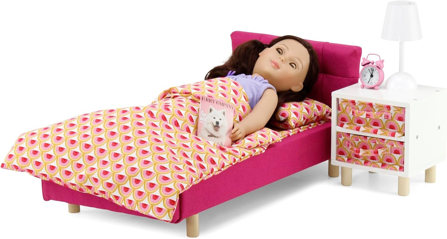 Emily Rose New 18" Doll Bedroom Set - Fabric Bed and Nightstand, with Storage Bins, Working Lamp and Alarm Clock, Includes Magazine Accessory | 14-18 inch Doll Wooden Furniture