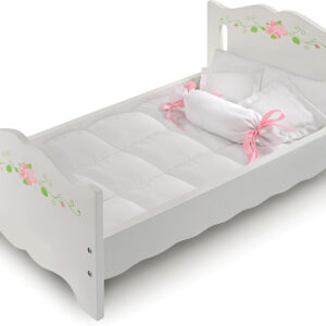 Badger Basket Doll Bed with Bedding for 18 to 20-Inch Dolls – Elegant White and Pink Rose Design for Imaginative Play