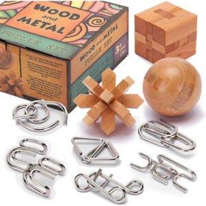 LESONG Brain Teasers Metal and Wooden Puzzles for Kids and Adults 9 Pack, Mind, IQ, and Logic Test and Handheld Disentanglement Games, 3D Coil Cast Wire Chain and Durable Wood Educational Toys