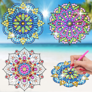 BSRESIN Diamond Art Stained Glass Window Clings with Diamond DIY Pen, 3 Pcs Mandala Window Stickers for Suncatchers, Diamond Art Kits for Adults, Diamond Art Accessories