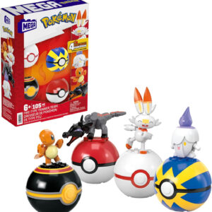 Mega Pokémon Building Toys Set Fire-Type Trainer Team with 105 Pieces, 4 Poseable Character, 2 Inches Tall, for Kids