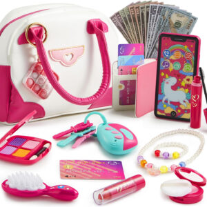 SYNCFUN Pretend Play Purse Set for Little Girls, 27PCS Princess Toy Set with Handbags, Makeup, Phone, Wallet, Jewelry, Lipstick & Keys - Ideal Christmas Birthday Gifts for Toddlers Kids Ages 3+