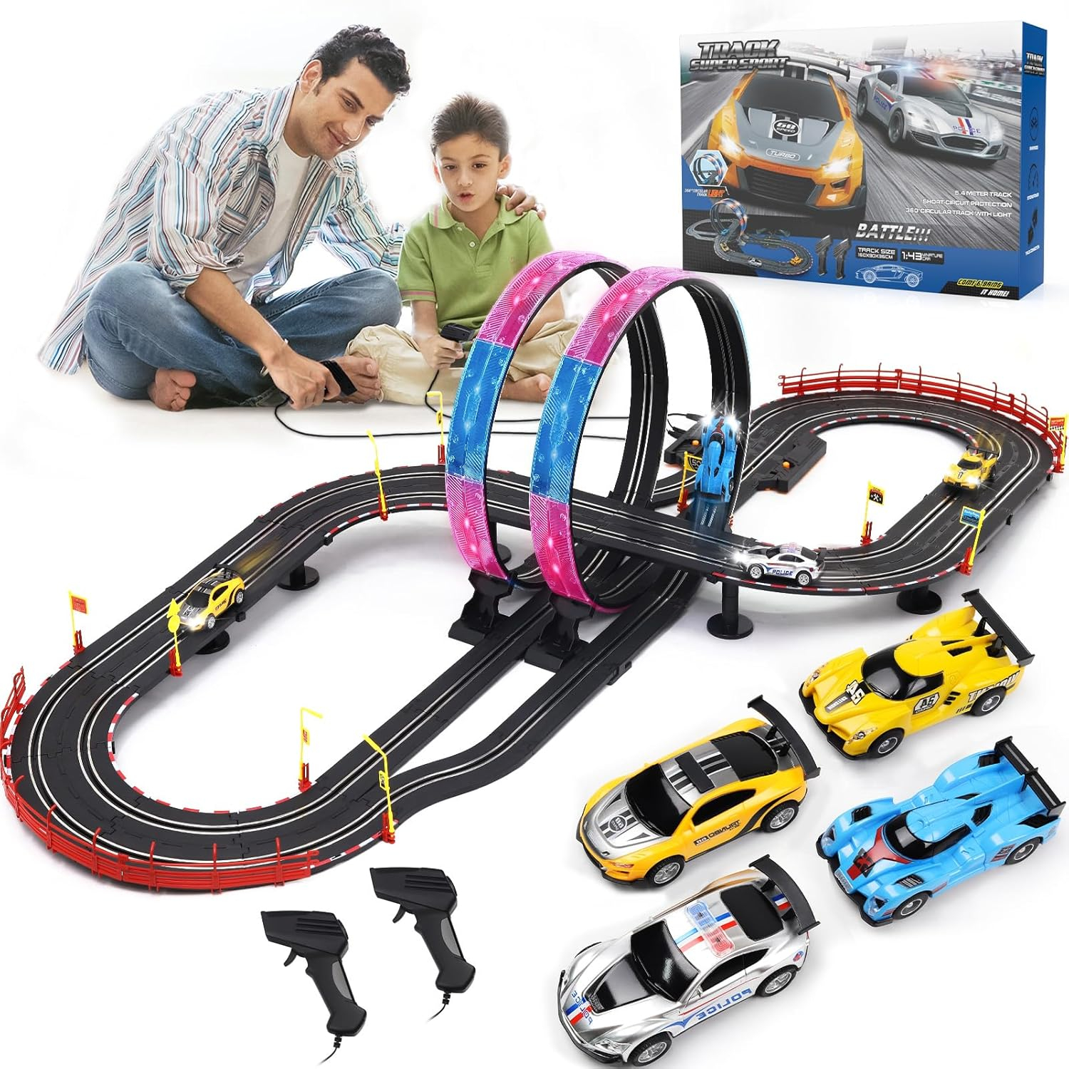 Slot Car Race Track Sets with 4 Slot Cars, 20ft Race Car Track for Boys and Kids, Dual Racing Game Lap Counter Circular Overpass Track, Gifts Toys for Boys Kids Age 6 7 8-12
