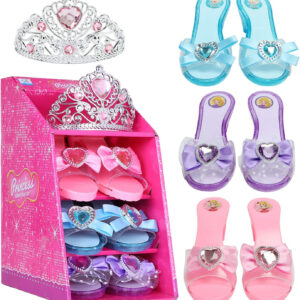 Girls Play Set! Fashion Princess Dress Up Shoes and Tiara (3 Pairs of Shoes + 1 Tiara) Role Play Collection for Little Girls
