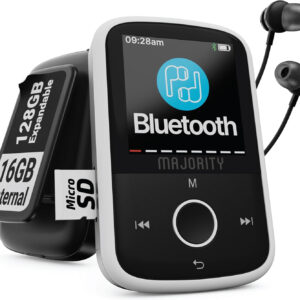 Bluetooth MP3 Player with Sports Clip | Expandable to 128GB, 34-Hour Battery Life, Earbuds Included, HD Color Screen, SD Card Slot & USB-C Connectivity | Majority MP3 GO
