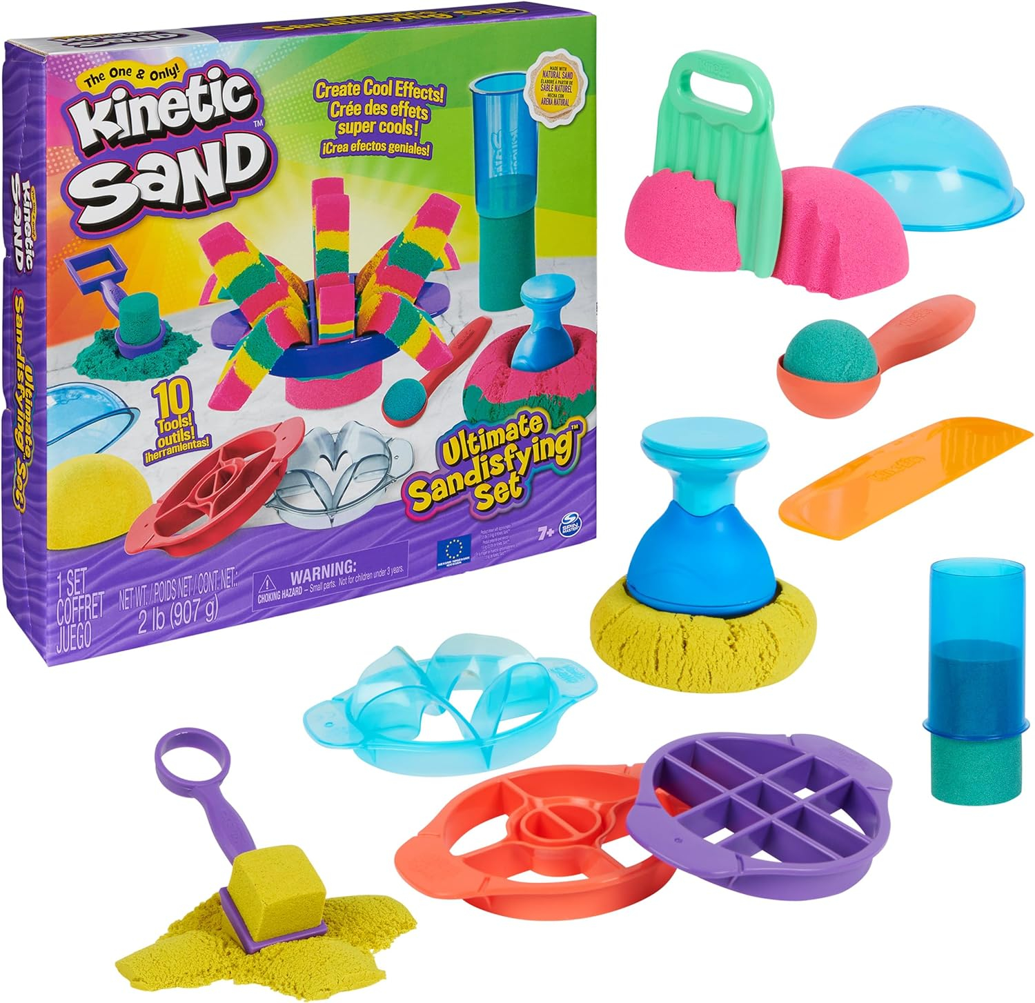 Kinetic Sand Ultimate Sandisfying Set, 2lb of Pink, Yellow & Teal Play Sand, 10 Molds & Tools, Sensory Toys, Christmas Gifts for Kids Ages 7+