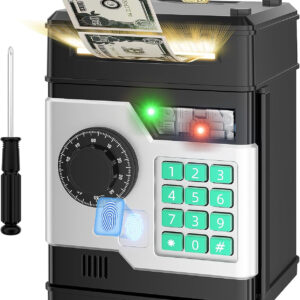 Piggy Bank, Automatic Electronic Piggy Bank for Kids Boys Girls with Password and Fingerprint Unlocking Simulation, Money Bank Kids Safe Toys for 3 4 5 6 7 8 9 10 Year Old Boy Girl (Black)