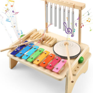 Kids Drum Set,Baby Musical Instrument for Toddler,Wooden Xylophone for Toddlers with Baby Drum Set and Wind Chime,Montessori Musical Instruments Toys for Kids,Musical Toys for Toddlers Birthday Gift
