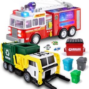 JOYIN LED Fire Truck Toy for Toddlers, Bump and Go Fire Engine Trucks with Mode Switch & Volume Control, 16" Large Toy Truck for Boys with Trash Can Lifter and Dumping Function