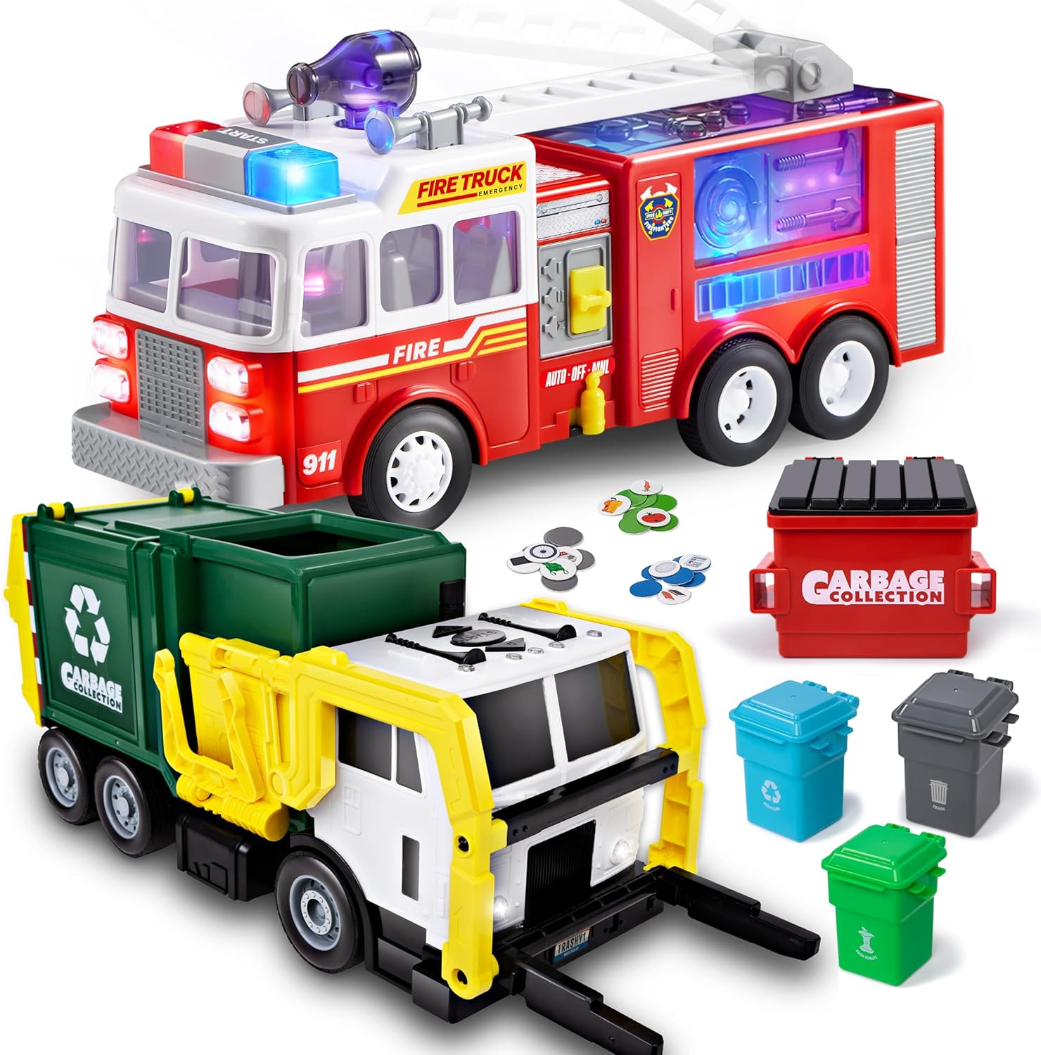 JOYIN LED Fire Truck Toy for Toddlers, Bump and Go Fire Engine Trucks with Mode Switch & Volume Control, 16" Large Toy Truck for Boys with Trash Can Lifter and Dumping Function