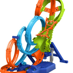 Hot Wheels Toy Car Track Set with 4 Loops, 3-Way Crash Zone & Motorized Booster, Folds for Storage, with 1:64 Scale Toy Car