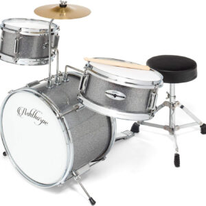 Ashthorpe 3-Piece Complete Kids Drum Set - Beginner Kit with 14" Bass, Adjustable Throne, Cymbal, Pedal & Drumsticks - Silver