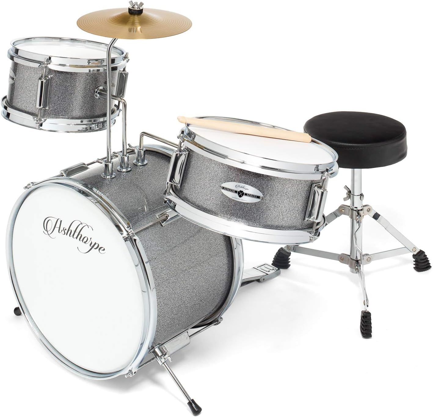 Ashthorpe 3-Piece Complete Kids Drum Set - Beginner Kit with 14" Bass, Adjustable Throne, Cymbal, Pedal & Drumsticks - Silver