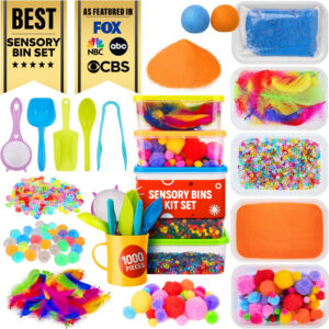 Sensory Kit for Toddlers and Kids - Includes 5 Bins with Lids, Play Tools, Sand, Feathers, Clay, Color Beads and Pom Poms Kids Box Fillers