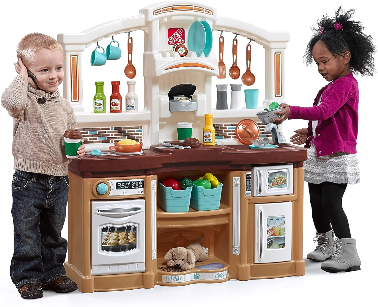 Step2 Fun with Friends Kids Kitchen, Indoor/Outdoor Play Kitchen Set, Toddlers 2+ Years Old, 25 Piece Kitchen Toy Set, Easy to Assemble, Tan