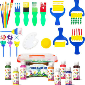 Early Learning Kids Paint Set Washable Finger Paint with Assorted Painting Brushes Sponges Portable Case for Kids Toddlers Drawing Gifts Age 3+
