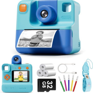 Kids Camera Instant Print, Christmas Birthday Gifts for Toddle Girls Boys Age 3-12, 24MP & 1080P Selfie Digital Camera with 3 Roll No-Ink Print Paper 32G SD Card - Blue