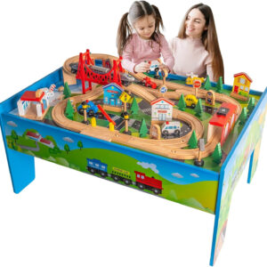 FUNPENY Train Table Toys,Wooden Train Track Railway City Sets Table for Kids Toddlers