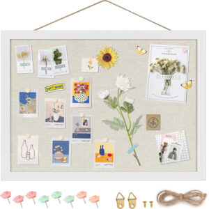 Cork Board Bulletin Board 16.7" x 11", Small Linen Corkboards with Frame for Walls, Cute Picture Display Pin Board Vision Board for Room School Office Bedroom 8 Pushpins Vintage White