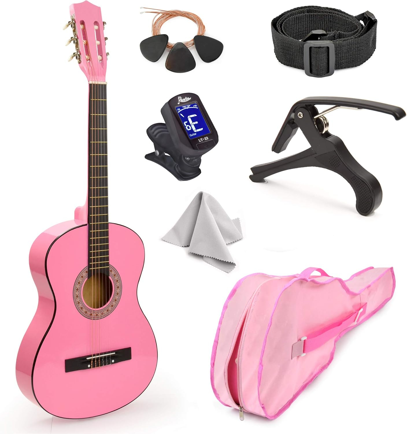 30" Wood Classical Guitar with Case and Accessories for Kids/Girls/Boys/Beginners (Pink)
