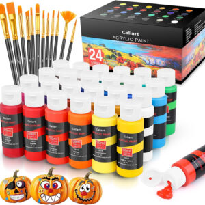 Caliart Acrylic Paint Set With 12 Brushes, 24 Colors (59ml, 2oz) Art Craft Paints Gifts for Artists Kids Beginners & Painters, Halloween Pumpkin Canvas Ceramic Rock Painting Kit Art Supplies