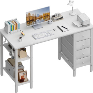 Lufeiya White Desk with Drawers & Storage Shelves, 47 Inch Study Work Writing Desk for Home Office Bedroom, Simple Modern Cute PC Computer Desks Table, White