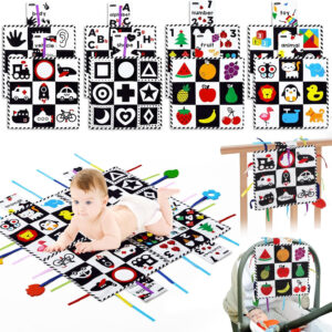 beiens Baby Toys 0-6 Months, Tummy Time Crinkle Toys with Mirror, Black and White High Contrast Sensory Toys for 0-6-12-18 Months Toddler Newborn, Boy Girl Gift Set, Play Mats-4 in 1