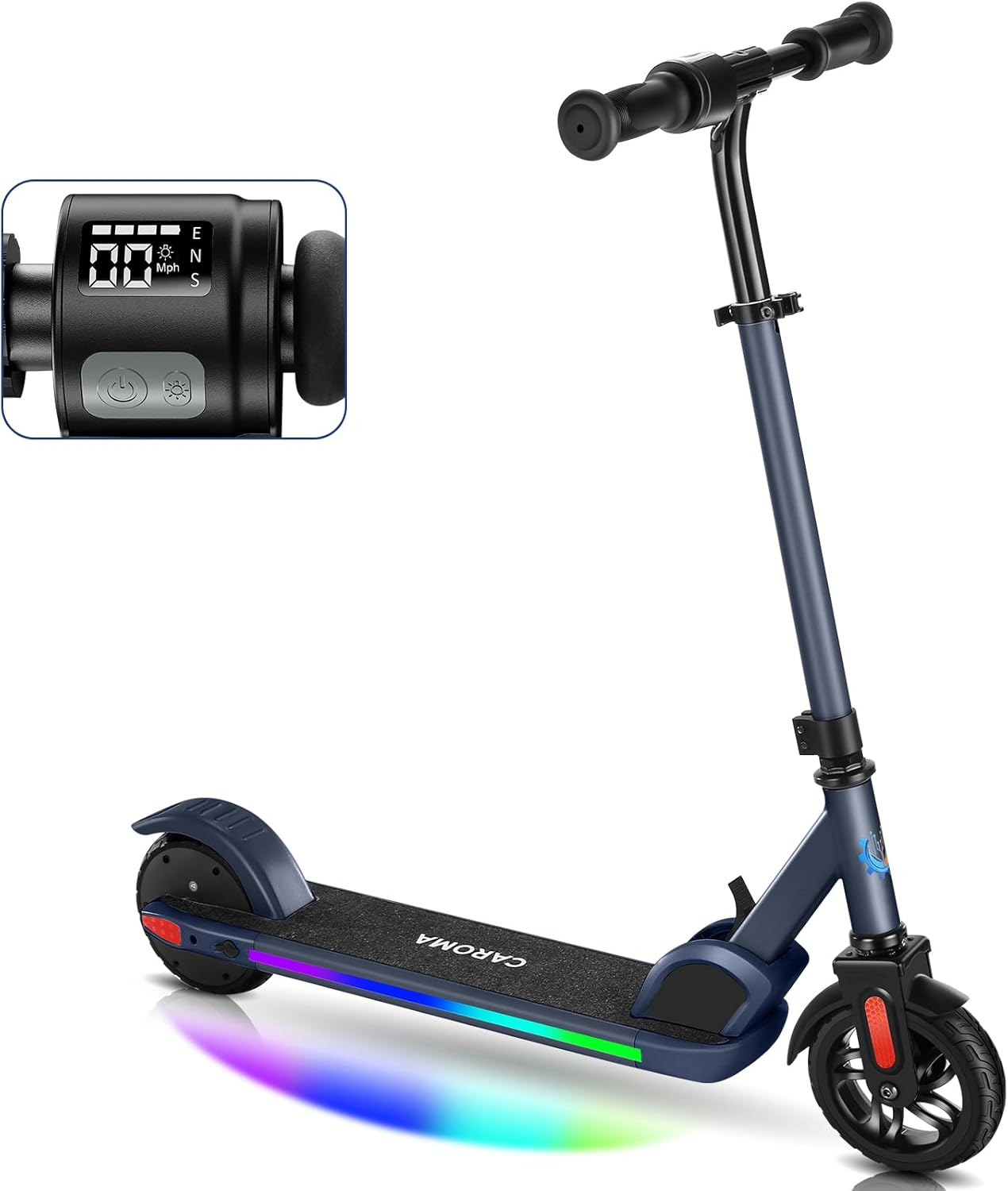 Caroma Electric Scooter for Kids Ages 6-14, 150W/180W Motor, 10 mph, 80 mins Ride Time, Adjustable Speed & Height, Colorful Lights, LED Display, Foldable Kids Electric Scooter