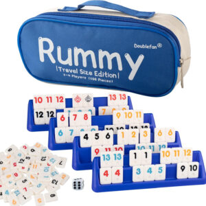 Doublefan Rummy Set,Travel Size Rummy Game with Portable Bag, Mini Rummy Cube Game for Adult and Kids,106 Tiles, 4 Playing Rack, 1 Dice (2-4 Players)