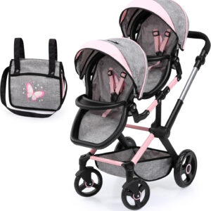 Bayer Design Dolls: Xeo Twin Pram - Butterfly Grey & Pink - Matching Handbag, Adjustable Handle, for Dolls Up to 20"