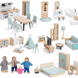 36pcs Wooden Dollhouse Furniture Set 5 Rooms with 4 Family Dolls, Wood and Plastic Blue Dollhouse Accessories, Pretend Play Furniture Toys Christmas Birthday Gift for Boys Girls & Kids Toddlers 3Y+