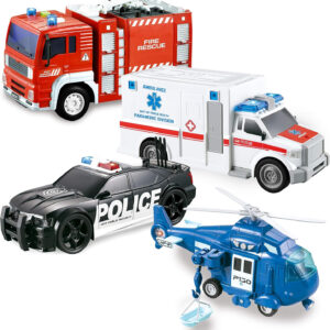 JOYIN 4 Packs Emergency Vehicle Toy Playsets, Friction Powered Vehicles with Light and Sound, Including Fire Truck, Ambulance Toy, Play Police Car and Toy Helicopter, Christmas Toddler Kids Boys Gifts