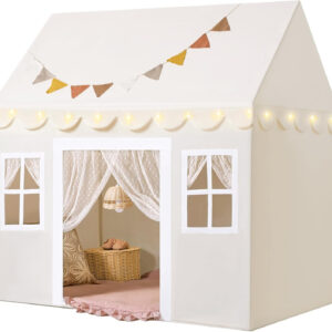 Tiny Land Play Tent with Padded Mat & LED Lights, Kids Tent, Playhouse for Kids, Indoor Bed Tent for Toddler, Toys for 3,4,5,6-Year-Old Girls, Neutral Color Play Room Furniture