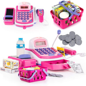 Prextex Grocery Store Pretend Play Electronic Toy Kids Cash Register Set - STEM Cash Register for Kids with Microphone, Play Money, and Food Basket - Kids Checkout Register with Scanner- Pink