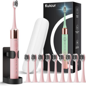 Sonic Electric Toothbrush for Adults & Kids, Rechargeable Electric Toothbrush with 10 Brush Heads & Travel Case, Teeth Whitening, Power Electric Toothbrush with Holder, Charge for 120 Days - Pink