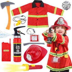 Fireman Costume for Kids, 10 Pcs Firefighter Costume with Toy Accessories Set, Fireman Role Play Outfit Toys, Kids Fireman Dress Up Clothes, Halloween for Boys Toddlers Ages 3 4 5 6 7