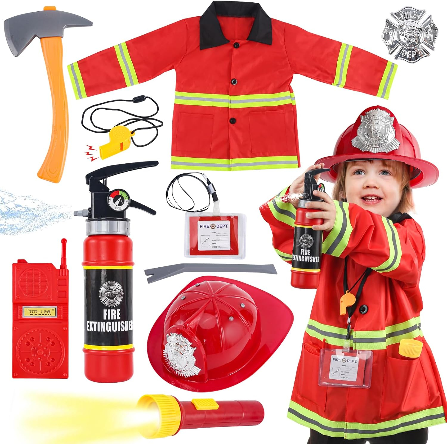 Fireman Costume for Kids, 10 Pcs Firefighter Costume with Toy Accessories Set, Fireman Role Play