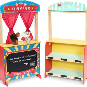 Wooden Puppet Theater Bonus 2 Hand Puppet, Double-Sided Lemonade Stand & Puppet Show Theater for Kids, Wood Deluxe Children Puppet Theatre Toy with Chalkboard