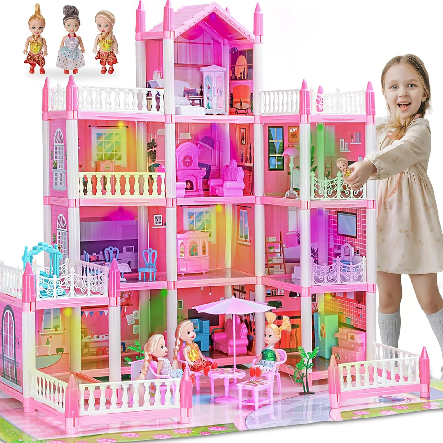 4 Stories Dollhouse for Girls, DIY Doll House Accessories Playhouse with Furniture and 11 Rooms,