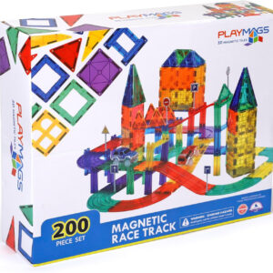Playmags Magnetic Tiles Race Track Set - 200 Piece STEM Engineering Building Blocks with 2 LED Race Cars, Educational Magnet Toy for Kids